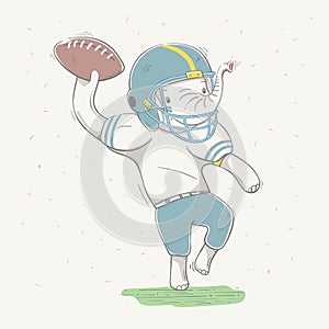 Lovely cute baby elephant dressed like American Football player with ball in field. Young dressed elephant