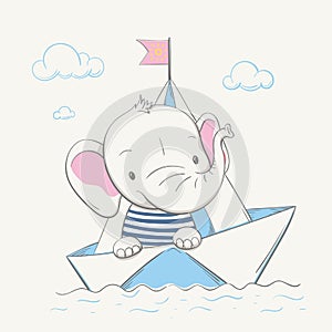 Lovely cute baby elephant swims in the paper boat. Summer series of children`s card