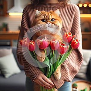 A lovely cute cat in the hands of a girl smiles and holds tulip flowers in her paws in the interior of the apartment