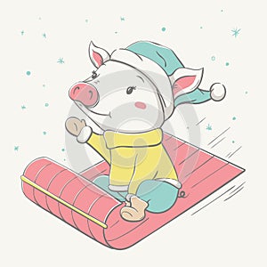 Lovely cute cheerful dressed piggy rides on a sled