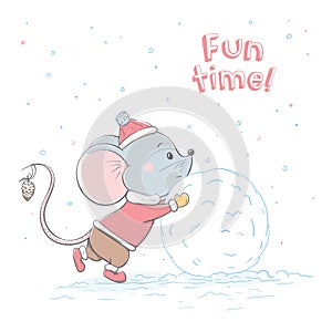 Lovely cute cheerful mouse rolls a big snowball. Winter card with cartoon style animal