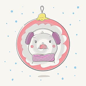 Lovely cute cheerful piggy in a earmuffs and a pink scarf in a reflection on Ð¡hristmas ball. Card with cartoon animal