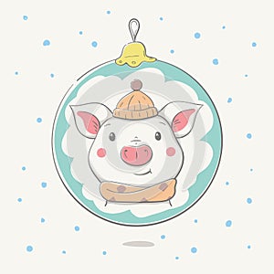 Lovely cute cheerful piggy in a hat and a pink scarf in a reflection on Ð¡hristmas ball. Card with cartoon animal.