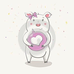 Lovely cute cheerful piggy with ÃÂ¡hristmas ball with heart. Big Valentine. Card with cartoon animal photo