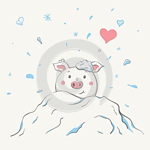 Lovely cute cheerful piggy is sitting in a snowdrift covered in snow. Valentine card with symbol of the year - a pig