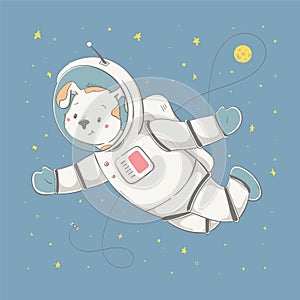 Lovely cute dog fling with the space station and the planet. Space series of children`s card photo