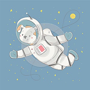 Lovely cute dog fling with the space station and the planet. Space series of children`s card
