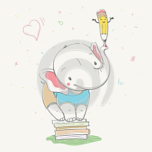 Lovely cute elephant holds a pencil on the trunk while standing on stack of books. Series of school children`s card with cartoon