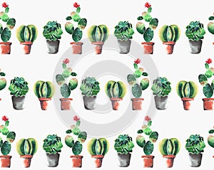 Lovely cute graphic wonderful abstract beautiful bright summer pattern of a two lines colorful cacti in red and brown clay pots wi