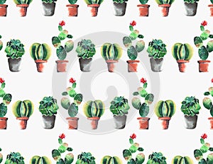 Lovely cute graphic wonderful abstract beautiful bright summer pattern of a two lines colorful cacti in red and brown clay pots wi