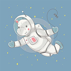 Lovely cute hippo flies in space with the space station. Space series of children`s card