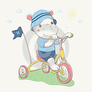 Lovely cute hippo in the panama, T-shirt and shorts by small bike. Summer series of children`s card