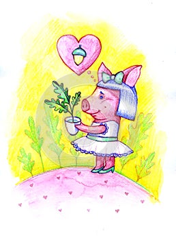 Lovely cute illustration with baby pig, oak leaves and acorns. Have a nice day. Illustration with watercolor little