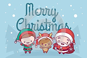 Lovely cute kawaii chibi. santa claus, deer and elf under the snow. Merry christmas and a happy new year. greeting card