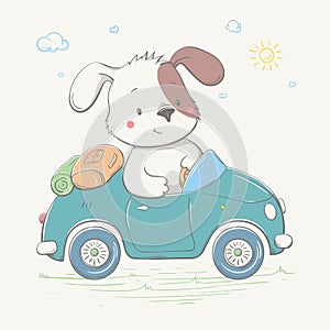 Lovely cute little dog boy is driving the car. Young camper. Summer series of children`s card