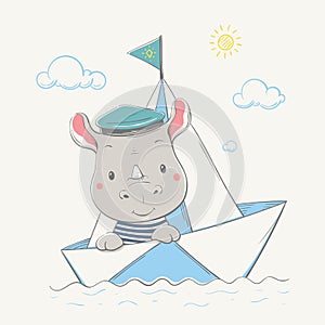 Lovely cute little rhino dressed captain`s cap swims in the paper boat. Summer series of children`s card