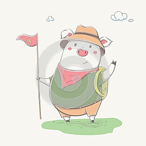 Lovely cute piggy dressed as a little scout. Autumn or Summer cartoon animal