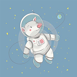 Lovely cute piggy fling with the space station and the planet. Space series of children`s card