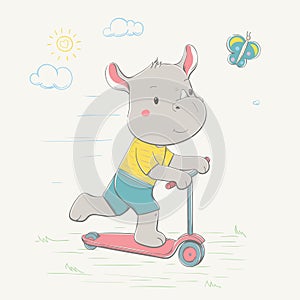 Lovely cute rhino rides the scooter for the butterfly. Young dressed rhino. Summer series of children`s card