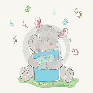 Lovely cute rhino sits and hugs books. Series of school children`s card with cartoon style animal