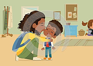 Lovely dark skin woman giving goodbye kiss to little son at nursery school vector flat illustration