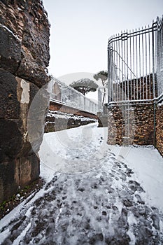 A lovely day of snow in Rome, Italy, 26th February 2018: a beautiful view of Colosseum under the snow