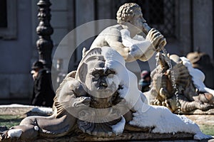 A lovely day of snow in Rome, Italy, 26th February 2018: a beautiful view of Navona Square and Fontana dei Quattro Fiumi Fountain