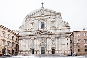 A lovely day of snow in Rome, Italy, 26th February 2018: a beautiful view of Church of Jesus near the Altare della Patria under