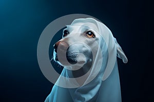 Lovely disguised Halloween dog wearing ghost costume