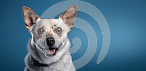 Lovely dog on blue background with copy space. Smiling cutie dog. Ai generetive