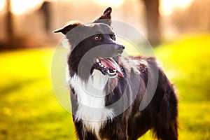 Lovely dog portrait posing outdoors with a funny emotion, eyes closed and a smiley. Overjoyed border collie pup relish the cold