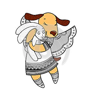 Lovely dog with wings in beautiful clothes with a plush rabbit in the paws.