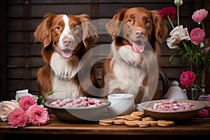 Lovely Dogs Celebrating Valentines Day with Cute Candy, Flower Bouquets, and Delightful Cookies