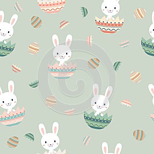 Lovely Easter seamless pattern with bunnies, doodles and eggs. Suitable for Easter cards, banner, textiles, wallpapers, background