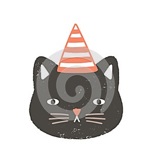 Lovely face or head of cat wearing party hat for birthday celebration. Funny cartoon muzzle of pussycat isolated on photo