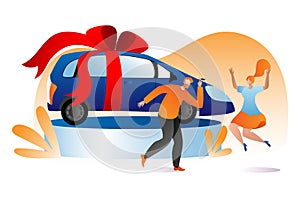 Lovely family celebrate win lottery vehicle, male character hold car key, female happy jumping flat vector illustration