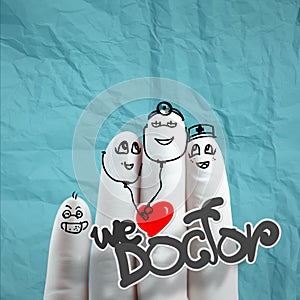 Lovely family hand drawn and finger,doctor and nurse,we love doc