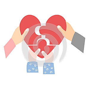 Lovely family make up puzzle heart. Loving mom, dad, and child hands holding pieces of heart. Vector illustration