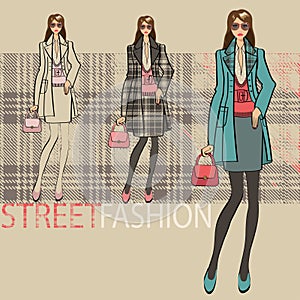 Lovely fashionable girl .Options ensemble.Fashion Illustration