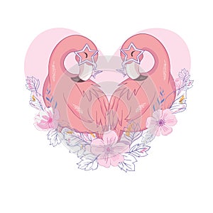 Lovely flamingos, hand drawn vector illustration