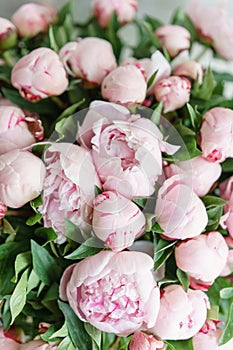 Lovely flowers in glass vase. Beautiful bouquet of pink peonies . Floral composition, scene, daylight. Wallpaper