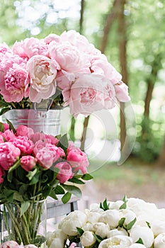 Lovely flowers in glass vase. Beautiful bouquet of pink peonies . Floral composition, scene, daylight. Wallpaper