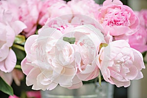 Lovely flowers in glass vase. Beautiful bouquet of pink peonies . Floral composition, scene, daylight. Wallpaper