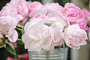 Lovely flowers in glass vase. Beautiful bouquet of pink peonies . Floral composition, scene, daylight. Wallpaper