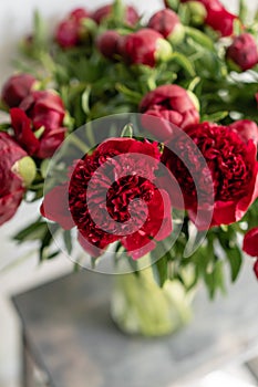 Lovely flowers in glass vase. Beautiful bouquet of red peonies . Floral composition, scene, daylight. Wallpaper