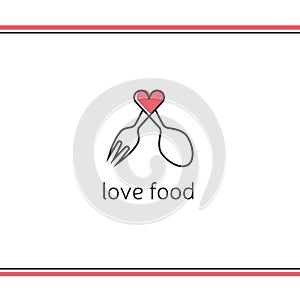 Lovely food logo template. Fork and spoon silhouettes with heart shape