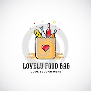 Lovely Food Paper Bag with Heart Symbol, Bread, Wine, Fish, etc.
