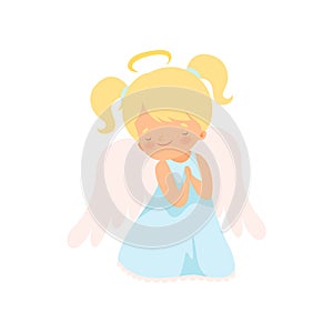 Lovely Girl Angel with Nimbus and Wings, Adorable Baby Cartoon Character in Cupid or Cherub Costume Vector Illustration