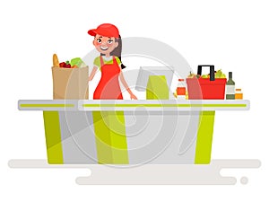 Lovely girl cashier at the cash register supermarket. Vector ill