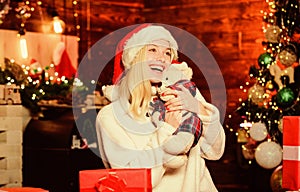 lovely girl. happy woman love presents. Winter shopping sales. cheerful girl red santa hat. last preparation. Christmas